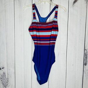 Maxine of Hollywood Swimsuit 16 Striped One-Piece Blue Red White Racerback